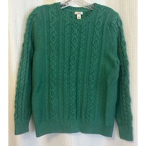 LL Bean Women's Sweater Fisherman 100% Cotton Chunky Cable Knit Green Size Large